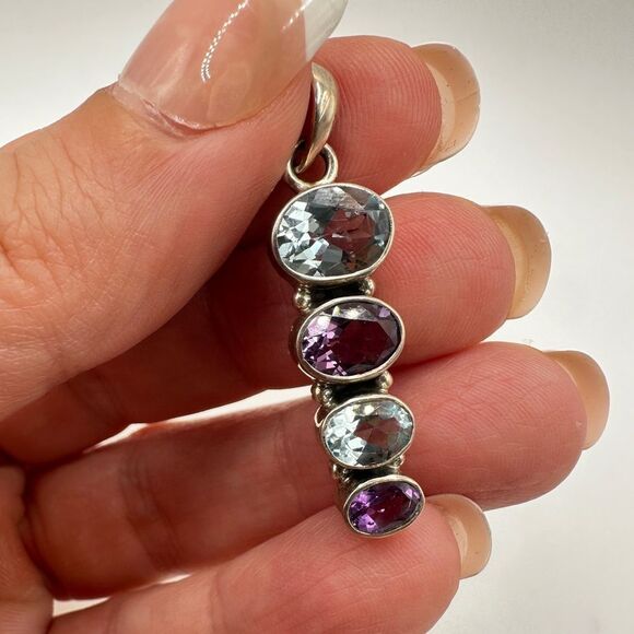Stunning faceted, graduated oval cut Aquamarine and Amethyst, 925 pendant! - Picture 6 of 11